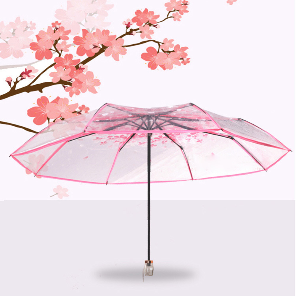 Clear Cherry Blossom Umbrella 3Folding Compact Windproof Transparent Umbrella 66