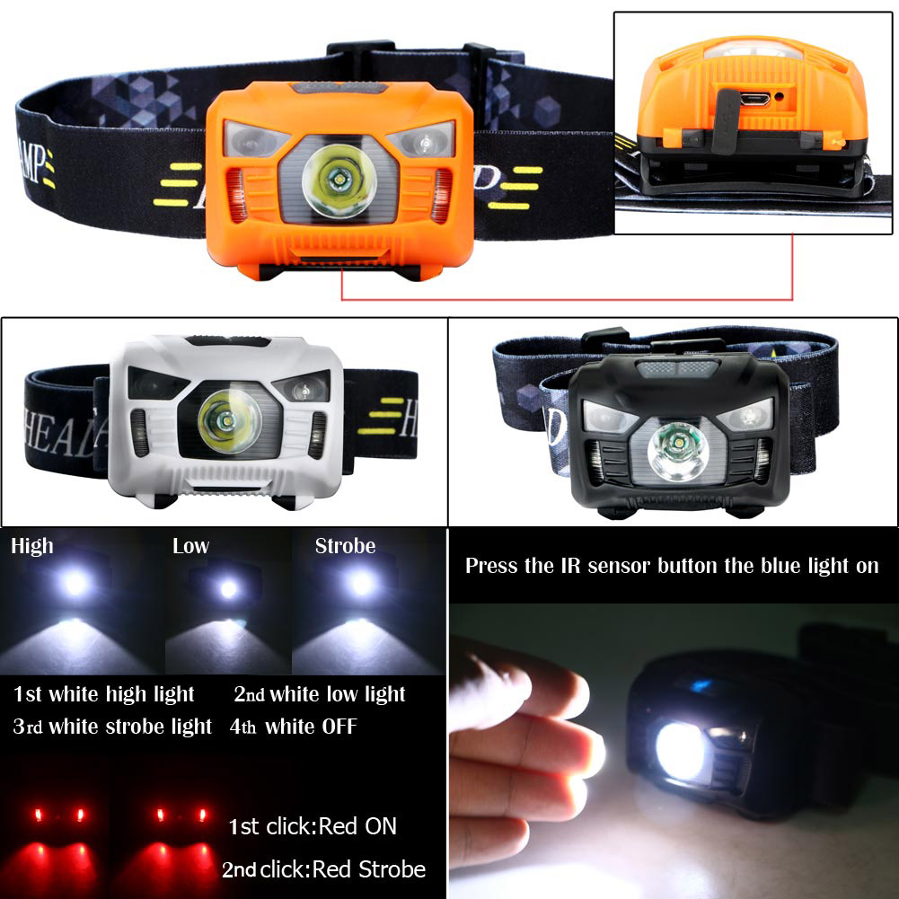 3000LM LED PIR Sensor USB Rechargeable Camping Headlamp Headlight Orange 