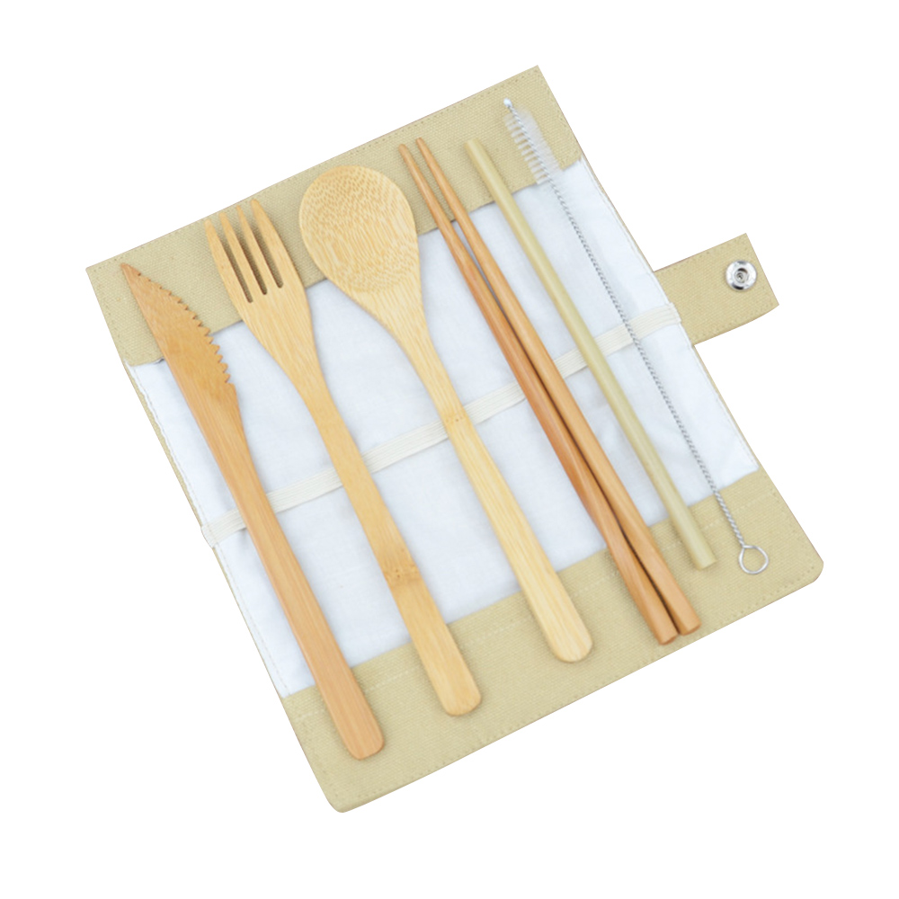Details about  Portable Bamboo Cutlery Travel Eco-friendly Fork Spoon Straw Set 
